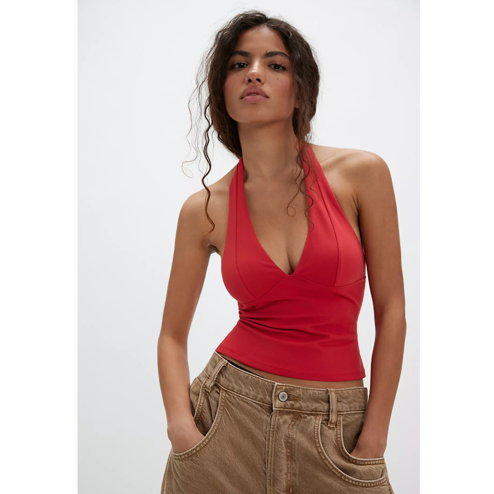 S Free People Intimately Red Still Here Halter Crop Top NWT